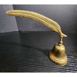Vintage Solid Brass Feather Quill Handle Desk Bell Writer Decor 9‎ inch